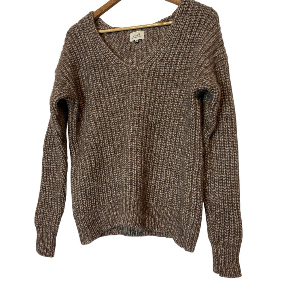Aritzia Wilfred Alpaca Blend Chunky Knit Sweater XXS Brown Oversized V Neck - Picture 5 of 7